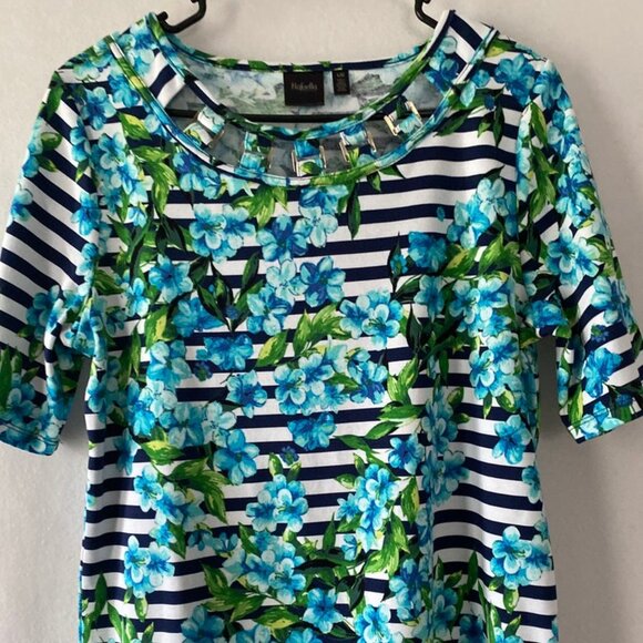 Rafaella Size L Black/White Stripe Cut Out Floral Top - Picture 15 of 16